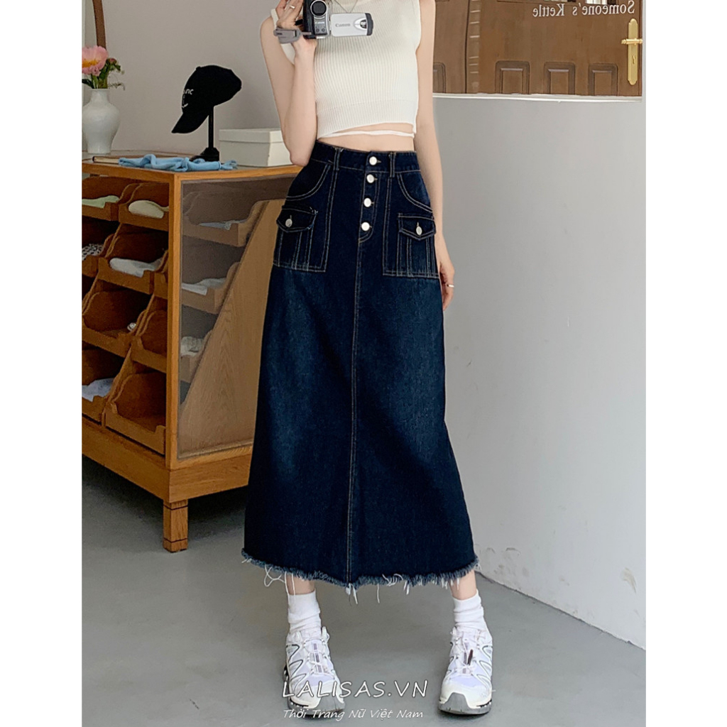 Lalisas Chân váy jean Lửng Lưng Cao Dáng Chữ A Phong Cách retro Mỹ Thời Trang Cho Nữ