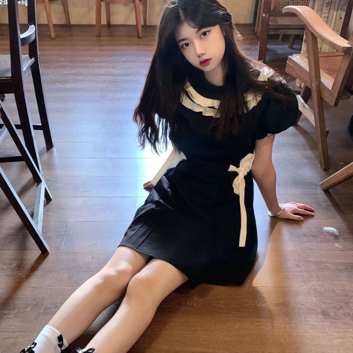 Đầm Tay Ngắn Màu Đen Phong Cách Retro Thời Trang Mùa Hè Dành Cho Nữ