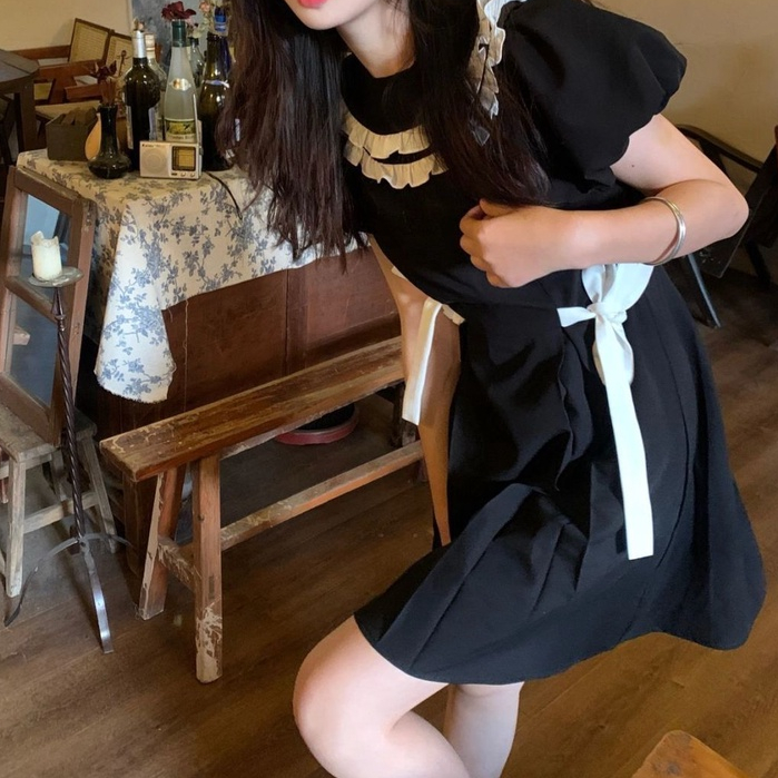 Đầm Tay Ngắn Màu Đen Phong Cách Retro Thời Trang Mùa Hè Dành Cho Nữ