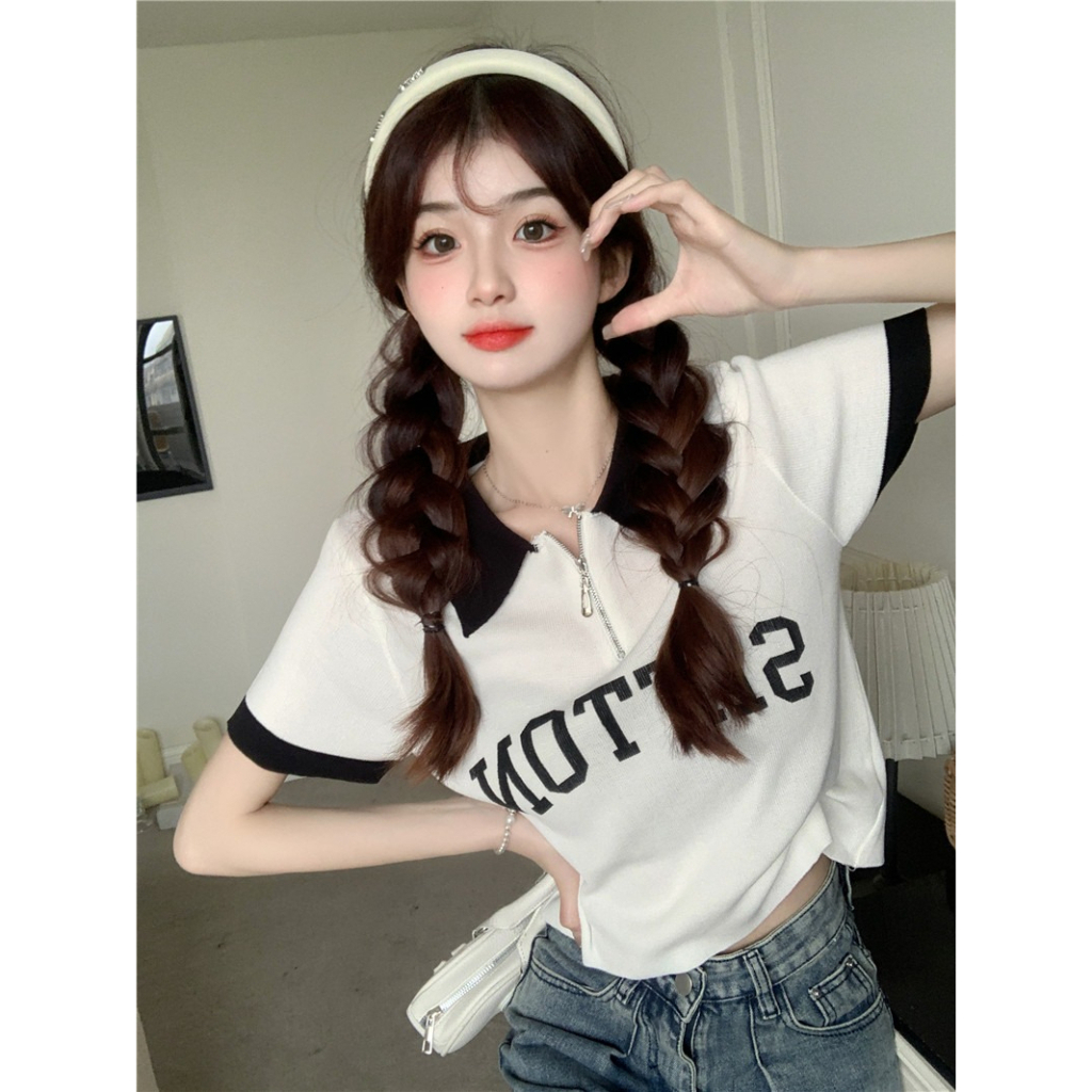 ZHELIHANGFEI Áo Polo Dệt Kim Tay Ngắn Phong Cách Preppy Ngọt Ngào Cho Nữ