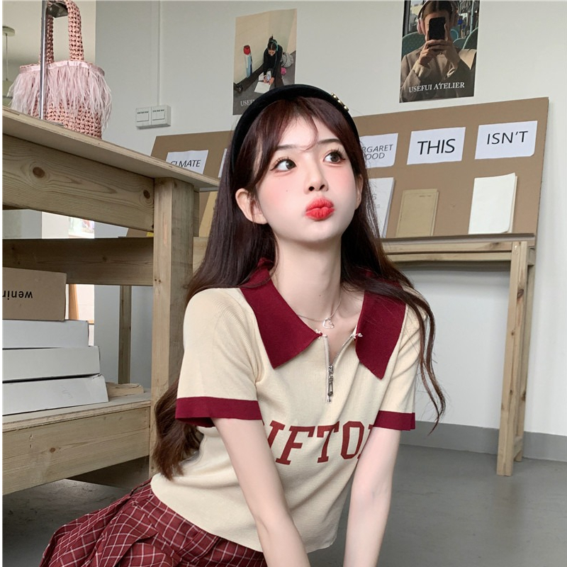 ZHELIHANGFEI Áo Polo Dệt Kim Tay Ngắn Phong Cách Preppy Ngọt Ngào Cho Nữ
