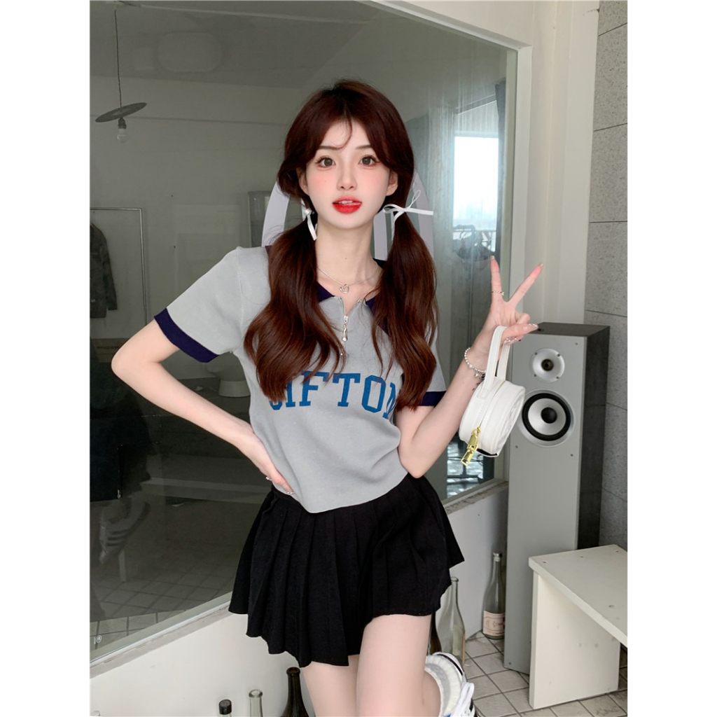 ZHELIHANGFEI Áo Polo Dệt Kim Tay Ngắn Phong Cách Preppy Ngọt Ngào Cho Nữ