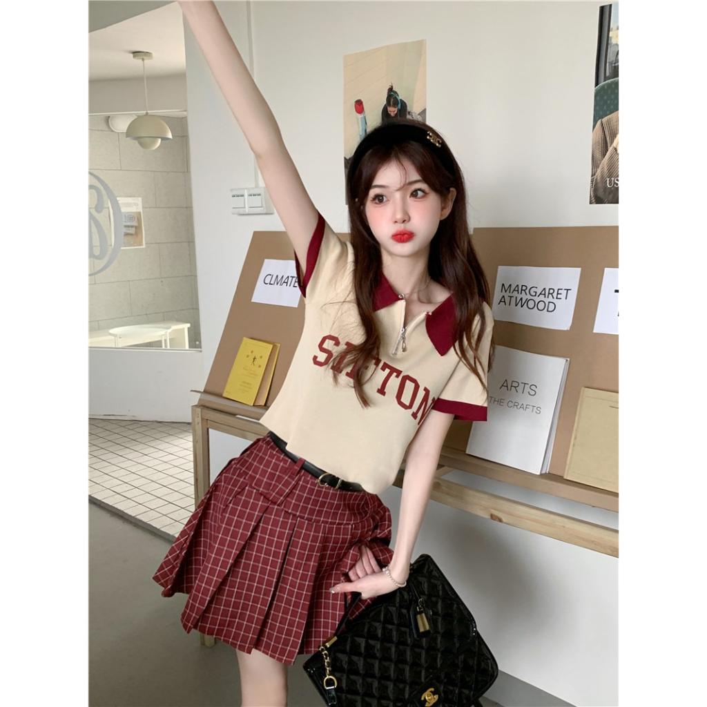 ZHELIHANGFEI Áo Polo Dệt Kim Tay Ngắn Phong Cách Preppy Ngọt Ngào Cho Nữ