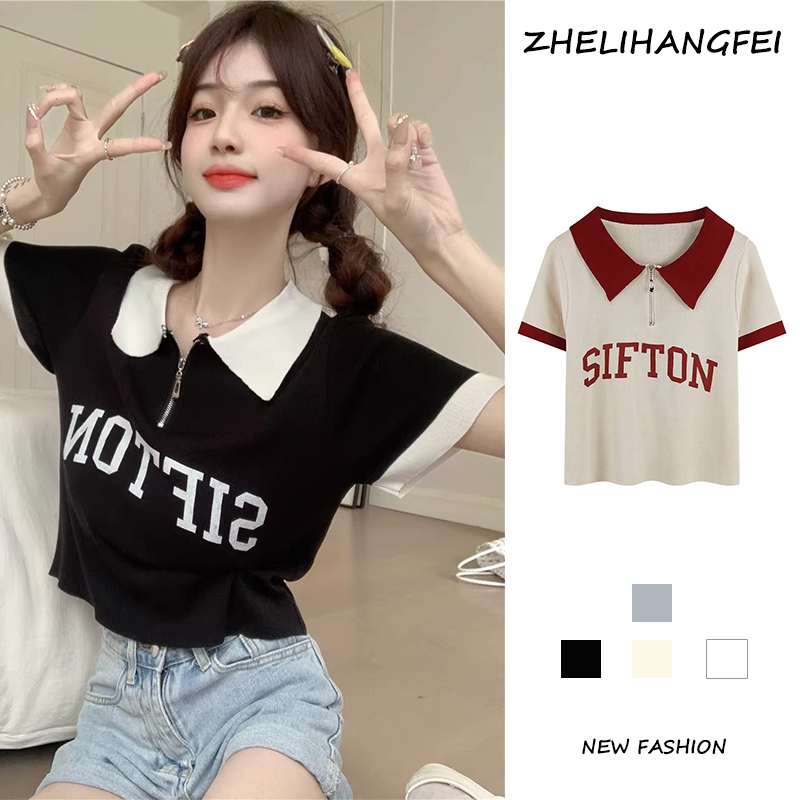ZHELIHANGFEI Áo Polo Dệt Kim Tay Ngắn Phong Cách Preppy Ngọt Ngào Cho Nữ