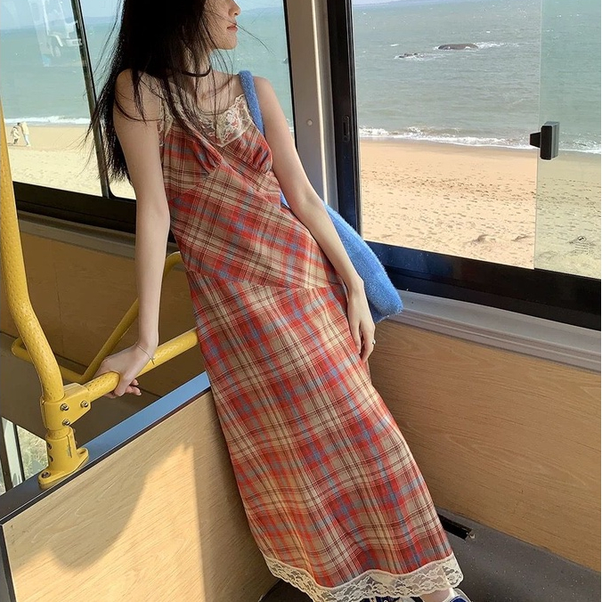 Đầm Hai Dây Dáng Chữ A Họa Tiết Sọc Caro Ngọt Ngào Thời Trang Xuân Hè Cho Nữ