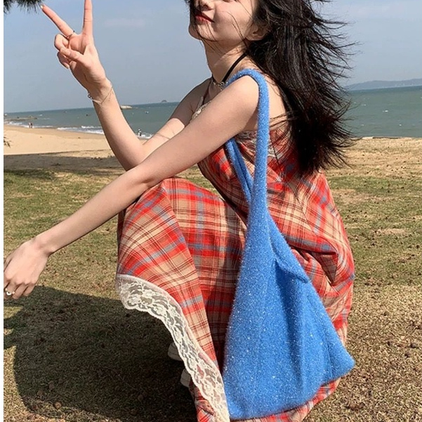 Đầm Hai Dây Dáng Chữ A Họa Tiết Sọc Caro Ngọt Ngào Thời Trang Xuân Hè Cho Nữ