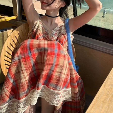 Đầm Hai Dây Dáng Chữ A Họa Tiết Sọc Caro Ngọt Ngào Thời Trang Xuân Hè Cho Nữ