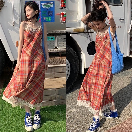 Đầm Hai Dây Dáng Chữ A Họa Tiết Sọc Caro Ngọt Ngào Thời Trang Xuân Hè Cho Nữ
