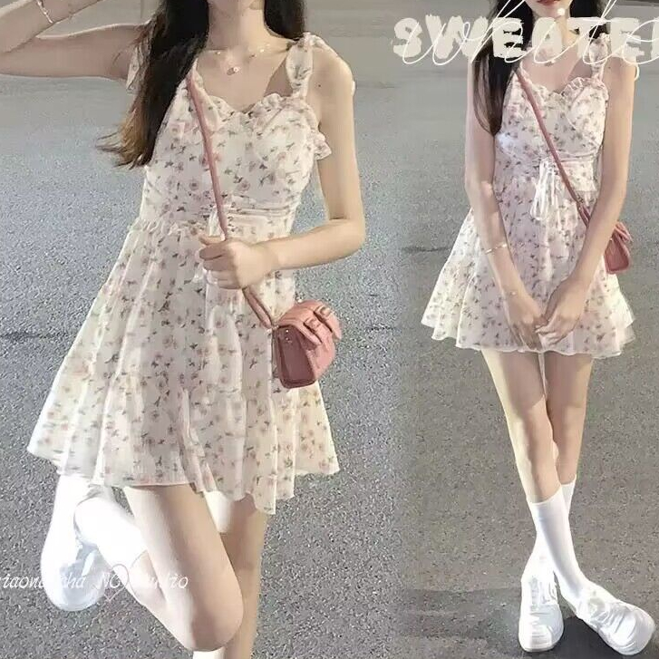 Đầm Hai Dây Nhấn Eo Họa Tiết Hoa Xinh Xắn Thoải Mái Dễ Phối Đồ