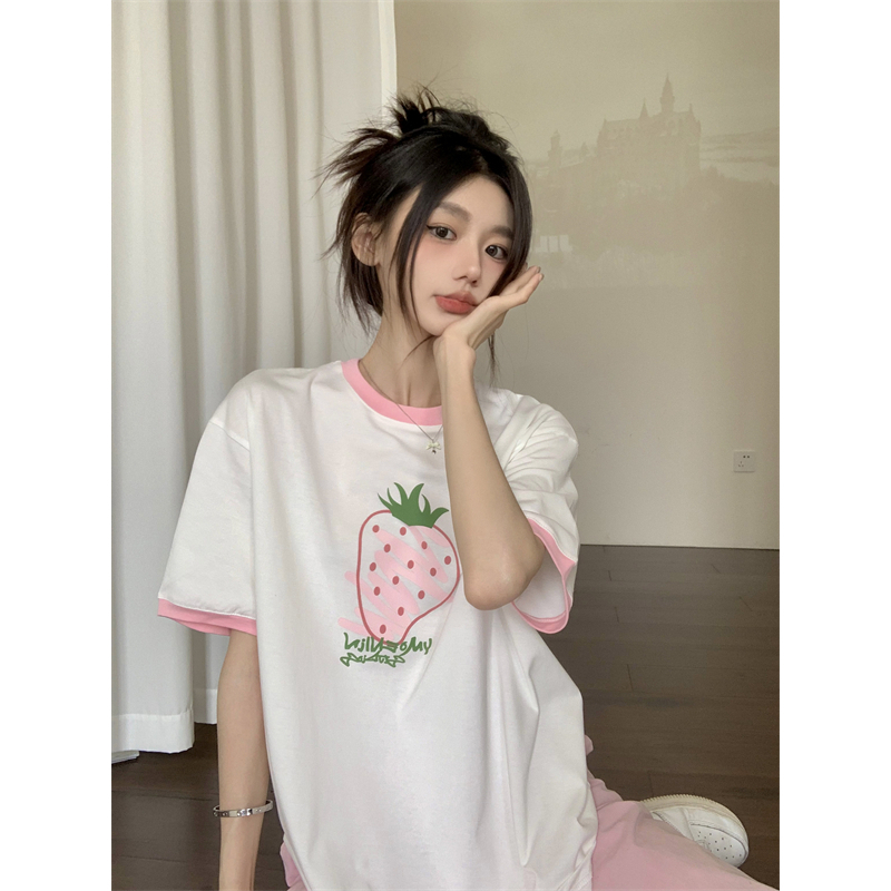 Áo Thun Tay Ngắn Dáng Rộng In Hình Dâu Tây Phong Cách Hàn Quốc Thời Trang Cho Nữ