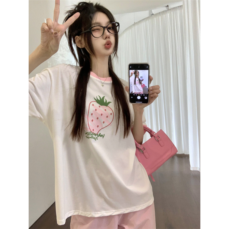 Áo Thun Tay Ngắn Dáng Rộng In Hình Dâu Tây Phong Cách Hàn Quốc Thời Trang Cho Nữ