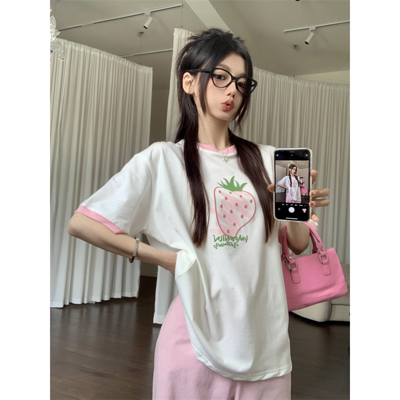 Áo Thun Tay Ngắn Dáng Rộng In Hình Dâu Tây Phong Cách Hàn Quốc Thời Trang Cho Nữ