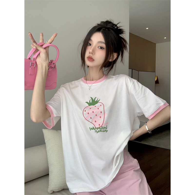 Áo Thun Tay Ngắn Dáng Rộng In Hình Dâu Tây Phong Cách Hàn Quốc Thời Trang Cho Nữ