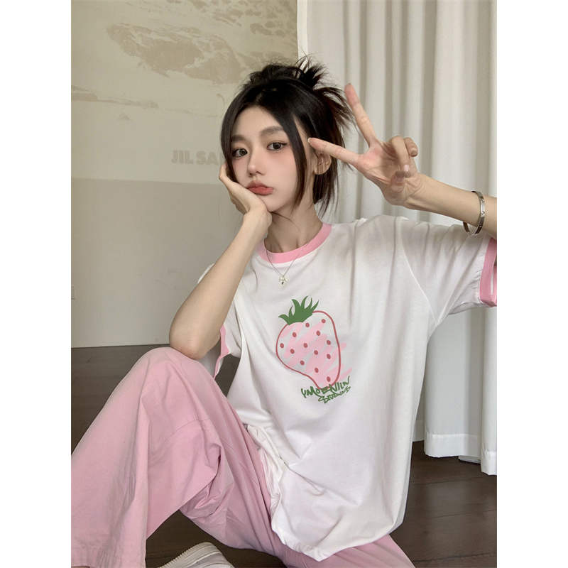 Áo Thun Tay Ngắn Dáng Rộng In Hình Dâu Tây Phong Cách Hàn Quốc Thời Trang Cho Nữ