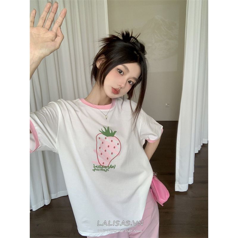Áo Thun Tay Ngắn Dáng Rộng In Hình Dâu Tây Phong Cách Hàn Quốc Thời Trang Cho Nữ