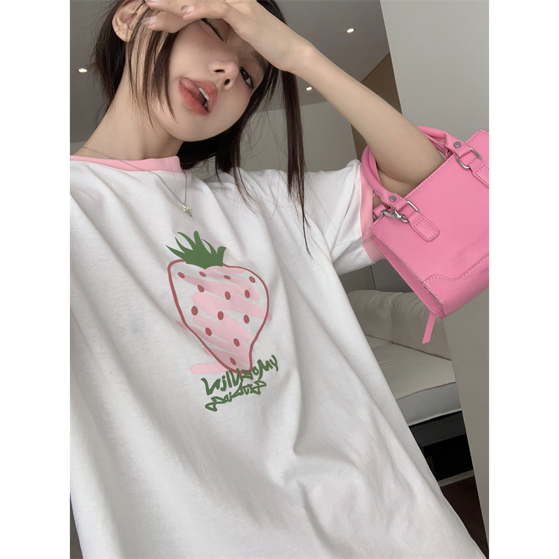 Áo Thun Tay Ngắn Dáng Rộng In Hình Dâu Tây Phong Cách Hàn Quốc Thời Trang Cho Nữ