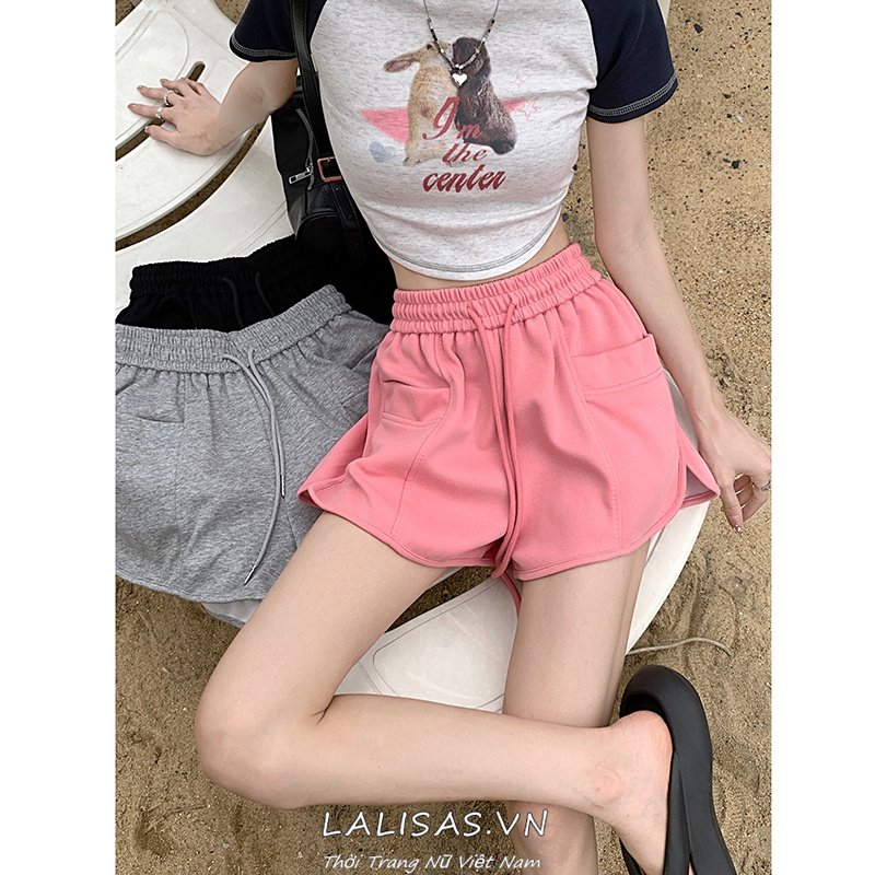 Lalisas Quần Short Thể Thao Ống Rộng Dây Rút Phong Cách Resort Cho Nữ