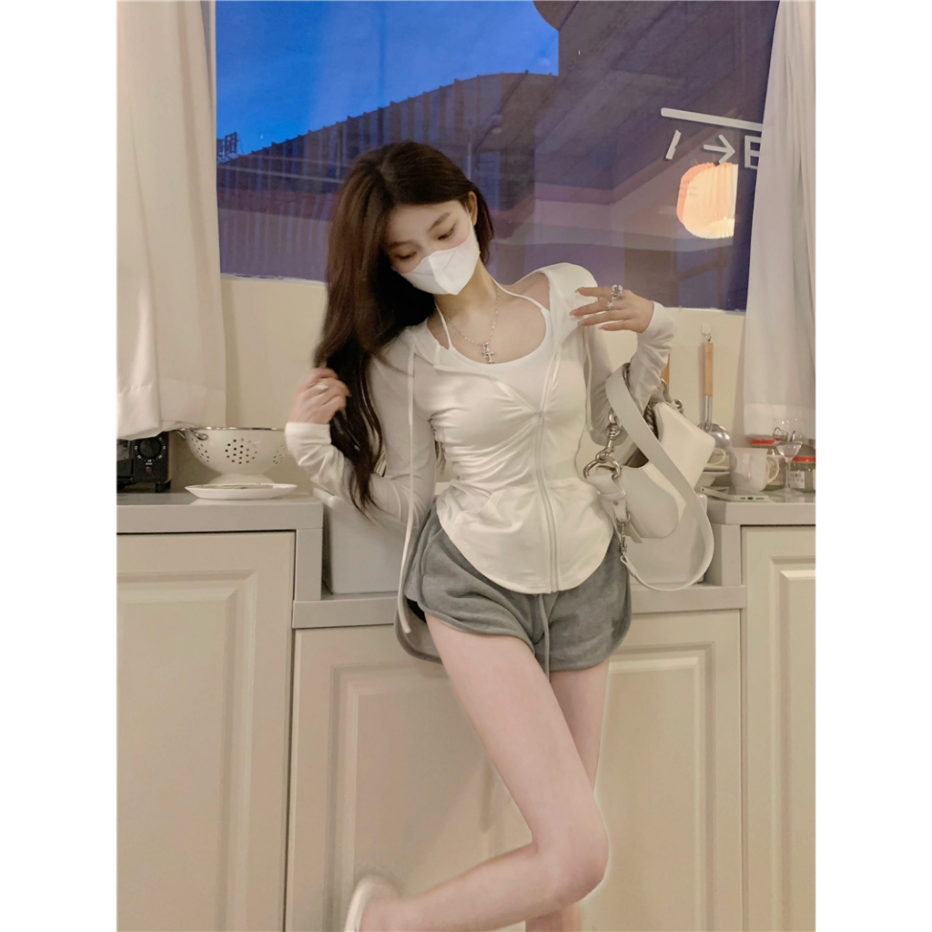 Minimalist Labo Áo Khoác Tay Dài Có Nón Khóa Kéo Thời Trang Cho Nữ