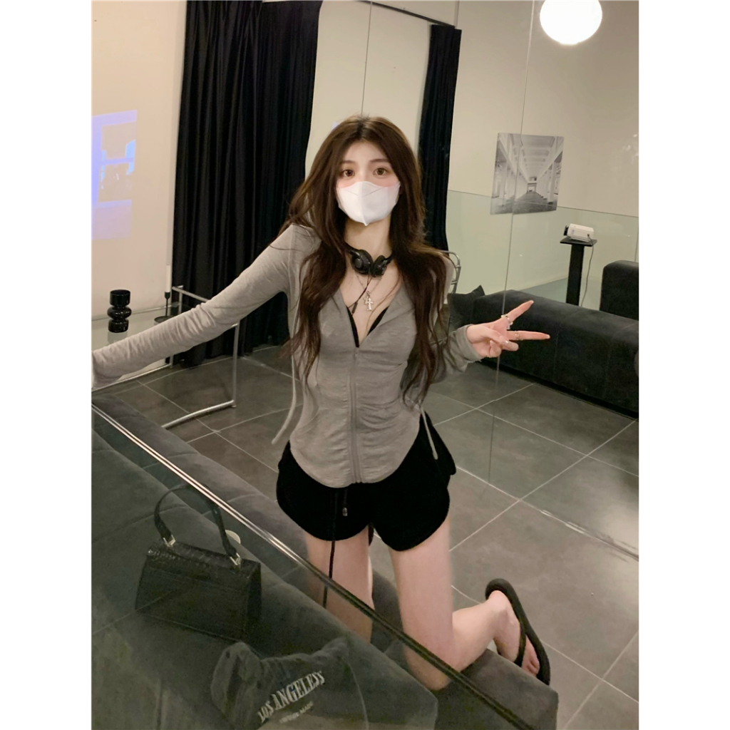 Minimalist Labo Áo Khoác Tay Dài Có Nón Khóa Kéo Thời Trang Cho Nữ