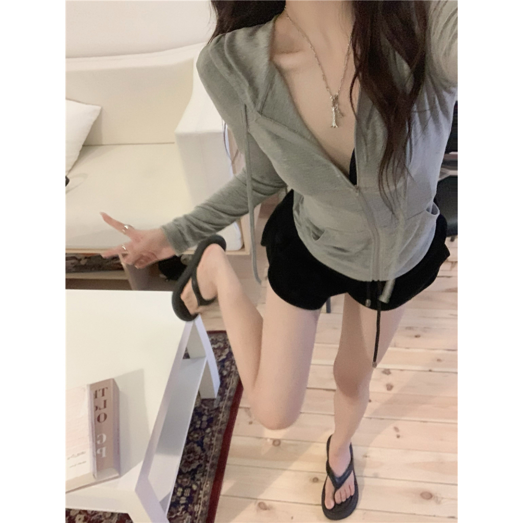 Minimalist Labo Áo Khoác Tay Dài Có Nón Khóa Kéo Thời Trang Cho Nữ