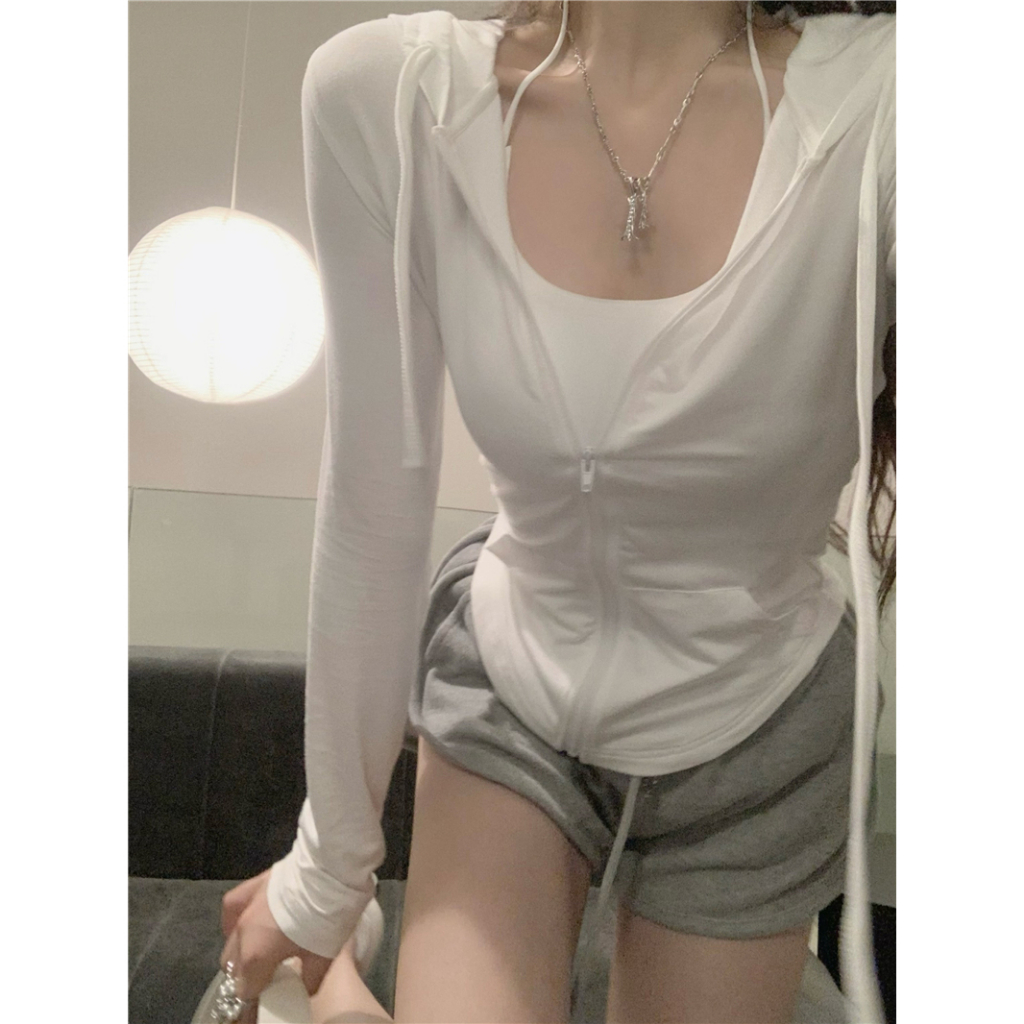 Minimalist Labo Áo Khoác Tay Dài Có Nón Khóa Kéo Thời Trang Cho Nữ