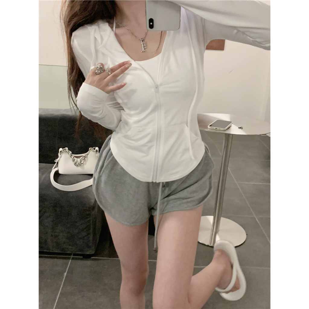 Minimalist Labo Áo Khoác Tay Dài Có Nón Khóa Kéo Thời Trang Cho Nữ