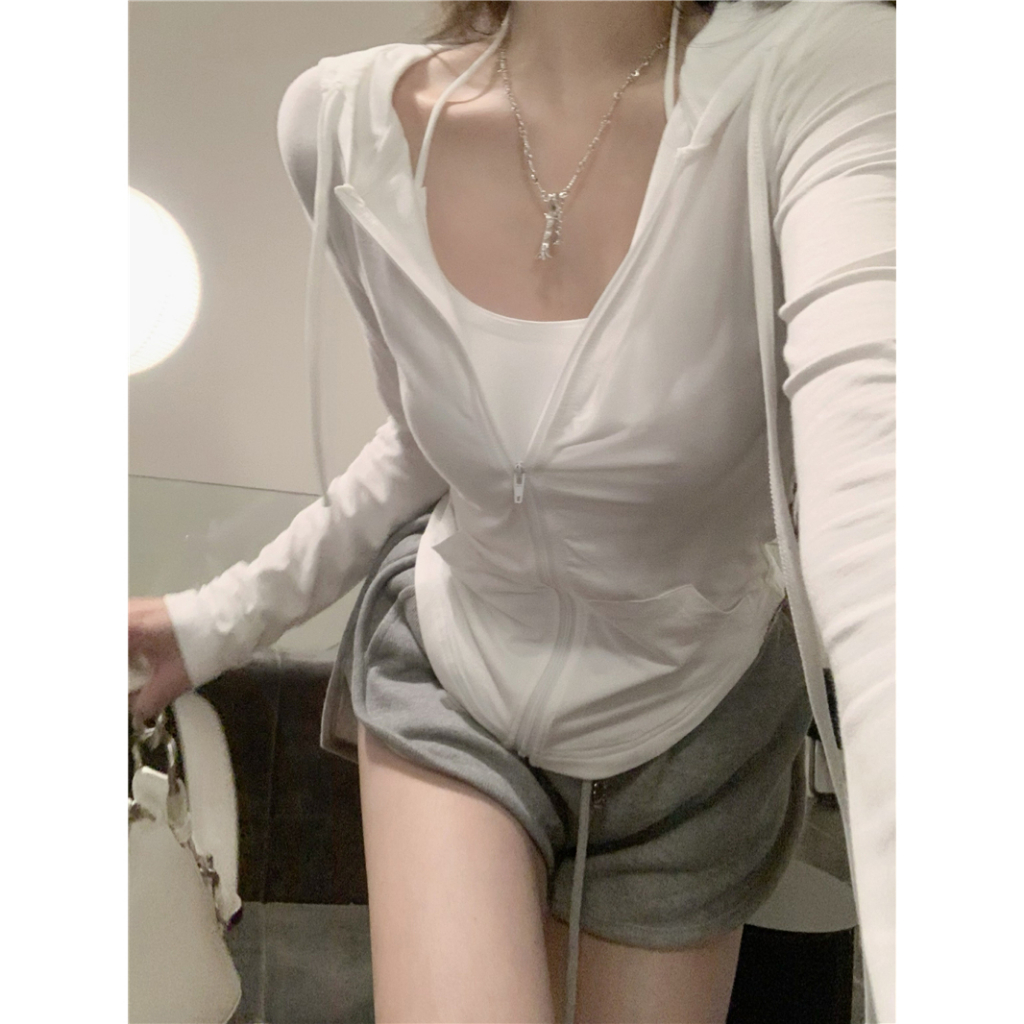 Minimalist Labo Áo Khoác Tay Dài Có Nón Khóa Kéo Thời Trang Cho Nữ