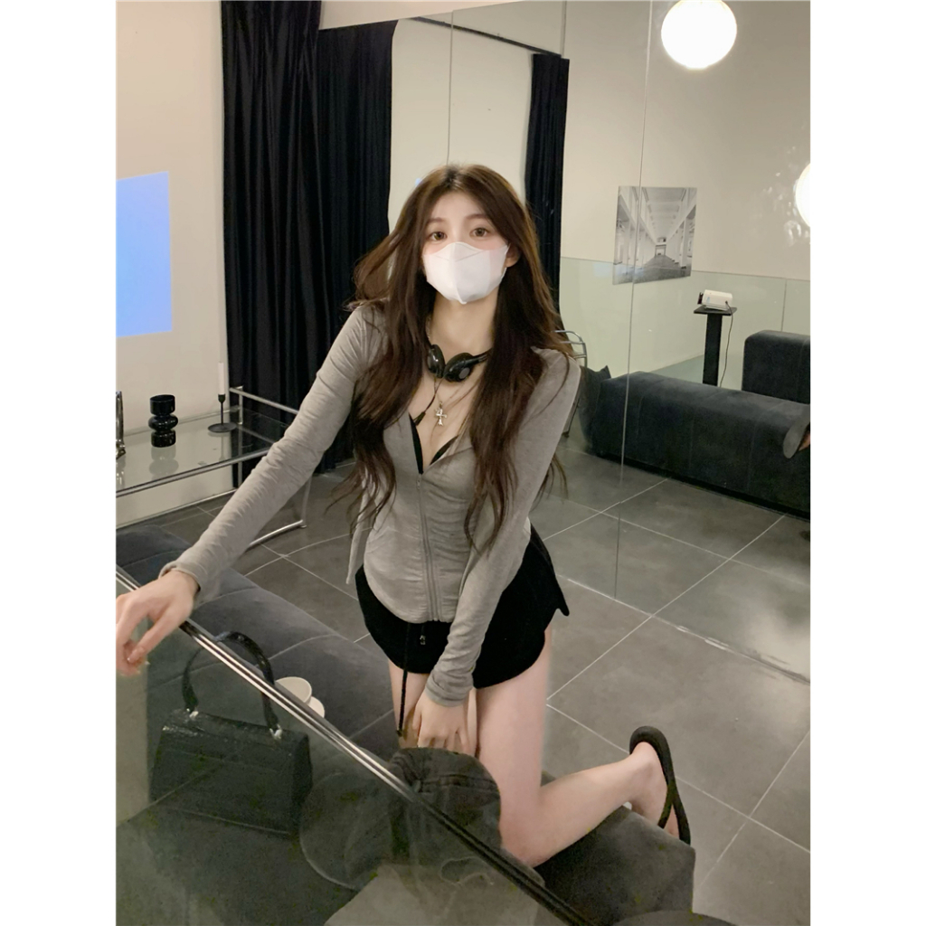 Minimalist Labo Áo Khoác Tay Dài Có Nón Khóa Kéo Thời Trang Cho Nữ