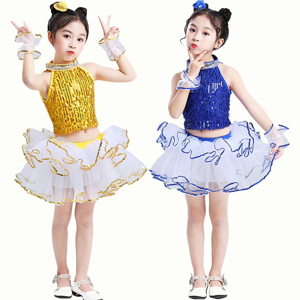 Bộ Trang Phục Trình Diễn Phối Chân Váy Lưới Đính Kim Sa Lấp Lánh Màu Vàng / Xanh Dương Cho Bé Trai Gái