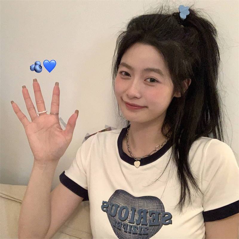 ZHELIHANGFEI Áo Thun Tay Ngắn Cổ Tròn Dáng Rộng In Hình Trái Tim