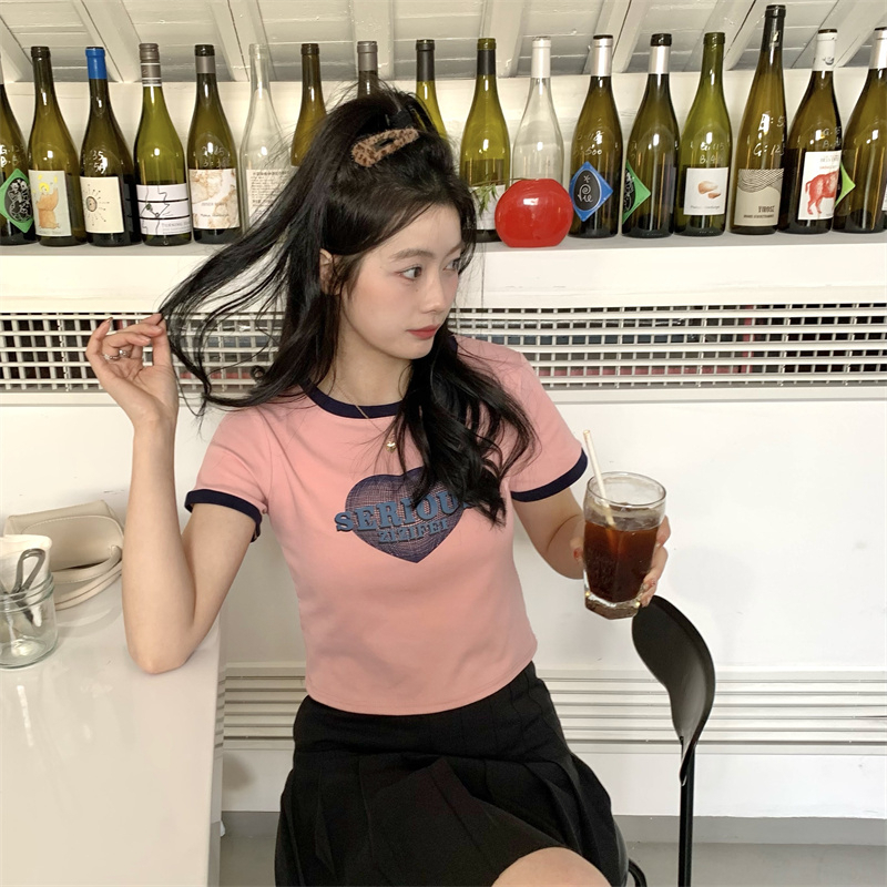 ZHELIHANGFEI Áo Thun Tay Ngắn Cổ Tròn Dáng Rộng In Hình Trái Tim