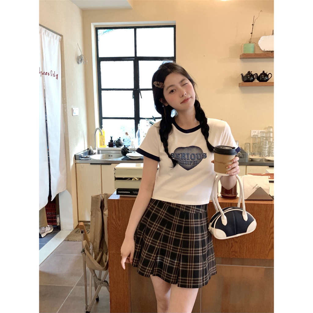 ZHELIHANGFEI Áo Thun Tay Ngắn Cổ Tròn Dáng Rộng In Hình Trái Tim