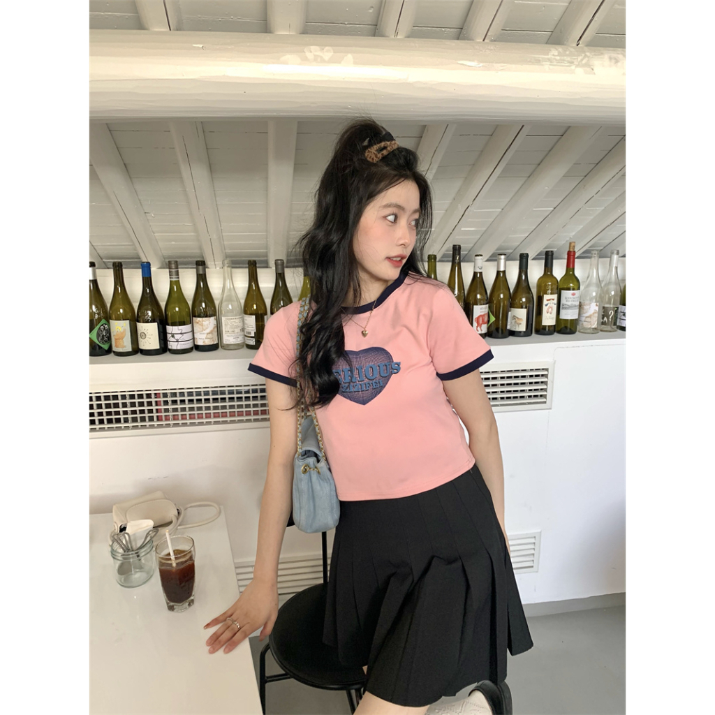 ZHELIHANGFEI Áo Thun Tay Ngắn Cổ Tròn Dáng Rộng In Hình Trái Tim