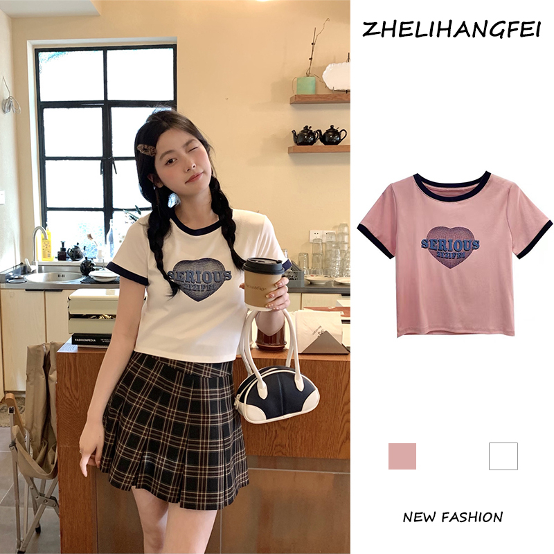 ZHELIHANGFEI Áo Thun Tay Ngắn Cổ Tròn Dáng Rộng In Hình Trái Tim