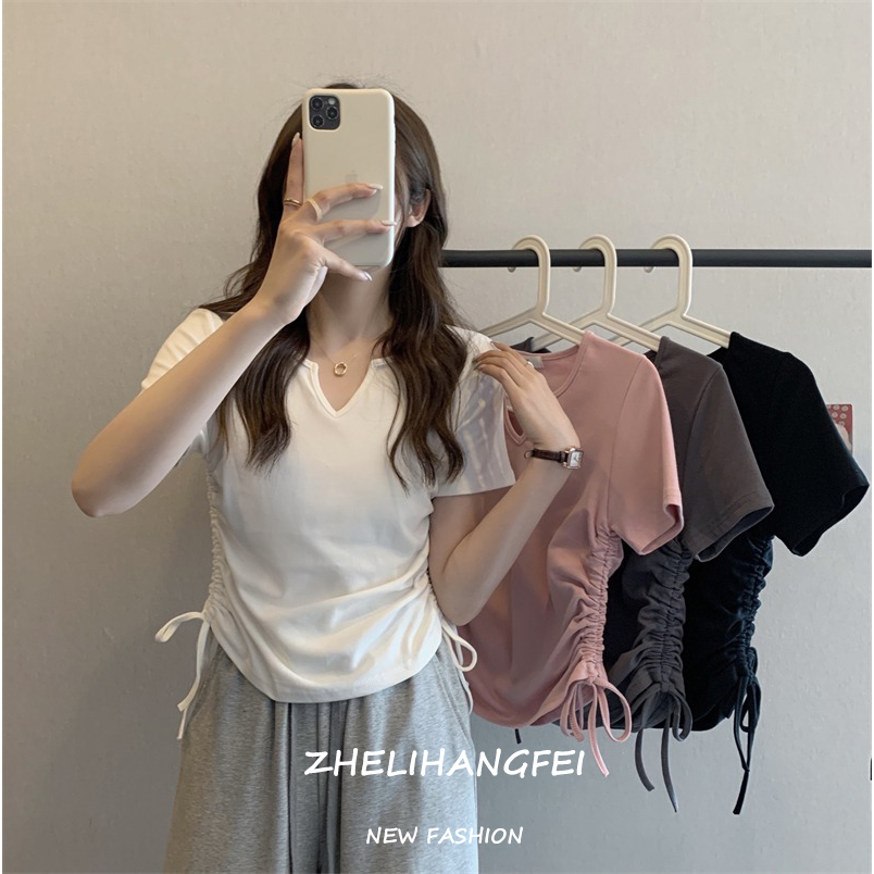 ZHELIHANGFEI Áo Thun Ngắn Tay Cổ Chữ v Phối Dây Rút Thiết Kế Đơn Giản Thời Trang