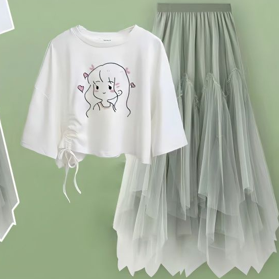 Set Áo Thun Ngắn Tay Form Rộng + Chân Váy Lưới Thời Trang Dành Cho Nữ