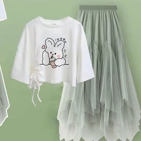 Set Áo Thun Ngắn Tay Form Rộng + Chân Váy Lưới Thời Trang Dành Cho Nữ