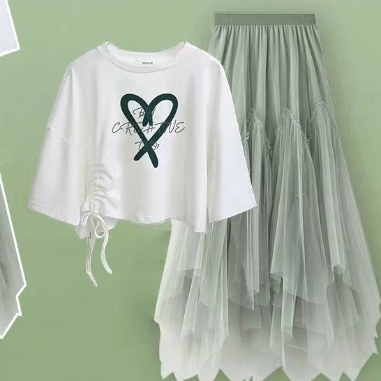 Set Áo Thun Ngắn Tay Form Rộng + Chân Váy Lưới Thời Trang Dành Cho Nữ