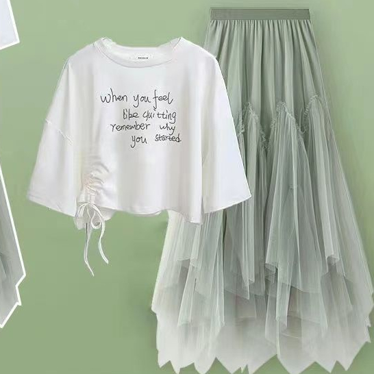 Set Áo Thun Ngắn Tay Form Rộng + Chân Váy Lưới Thời Trang Dành Cho Nữ