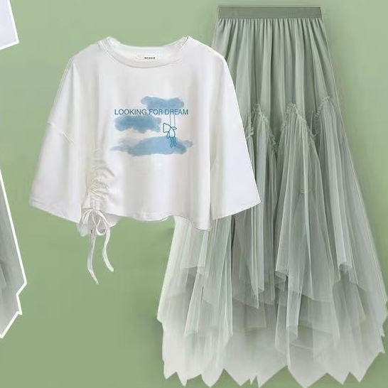 Set Áo Thun Ngắn Tay Form Rộng + Chân Váy Lưới Thời Trang Dành Cho Nữ