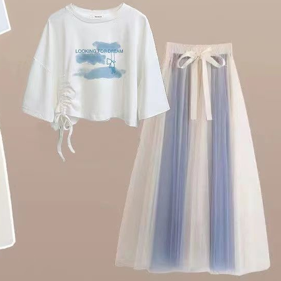 Set Áo Thun Ngắn Tay Form Rộng + Chân Váy Lưới Thời Trang Dành Cho Nữ