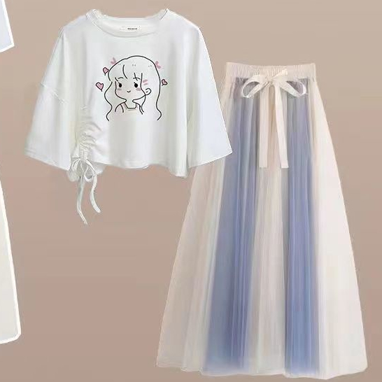 Set Áo Thun Ngắn Tay Form Rộng + Chân Váy Lưới Thời Trang Dành Cho Nữ