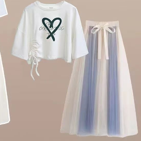 Set Áo Thun Ngắn Tay Form Rộng + Chân Váy Lưới Thời Trang Dành Cho Nữ