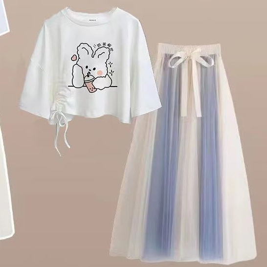 Set Áo Thun Ngắn Tay Form Rộng + Chân Váy Lưới Thời Trang Dành Cho Nữ