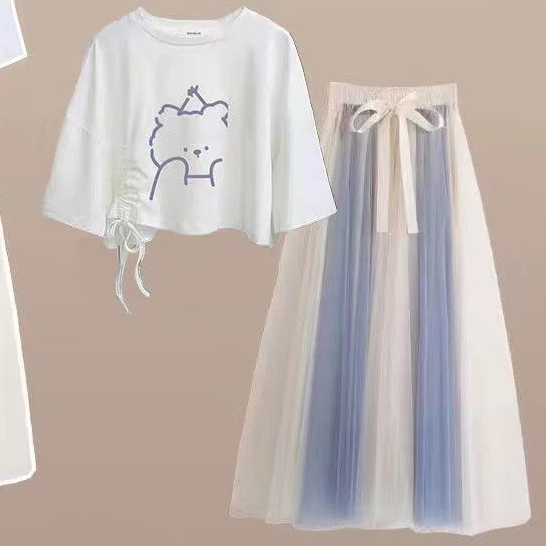 Set Áo Thun Ngắn Tay Form Rộng + Chân Váy Lưới Thời Trang Dành Cho Nữ