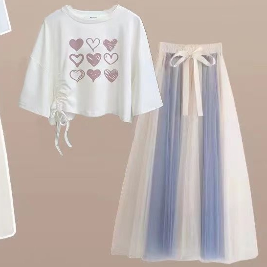 Set Áo Thun Ngắn Tay Form Rộng + Chân Váy Lưới Thời Trang Dành Cho Nữ