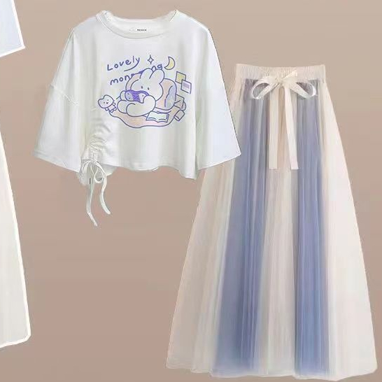 Set Áo Thun Ngắn Tay Form Rộng + Chân Váy Lưới Thời Trang Dành Cho Nữ