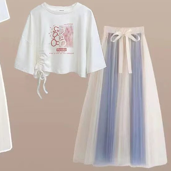 Set Áo Thun Ngắn Tay Form Rộng + Chân Váy Lưới Thời Trang Dành Cho Nữ