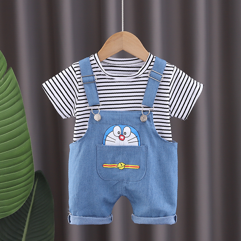 Set Áo Thun Tay Ngắn Cổ Tròn Kẻ Sọc Ngang + Quần Yếm Ngắn Bằng Cotton Thời Trang Mùa Hè Kích Thước 80-110cm Mới Cho Bé