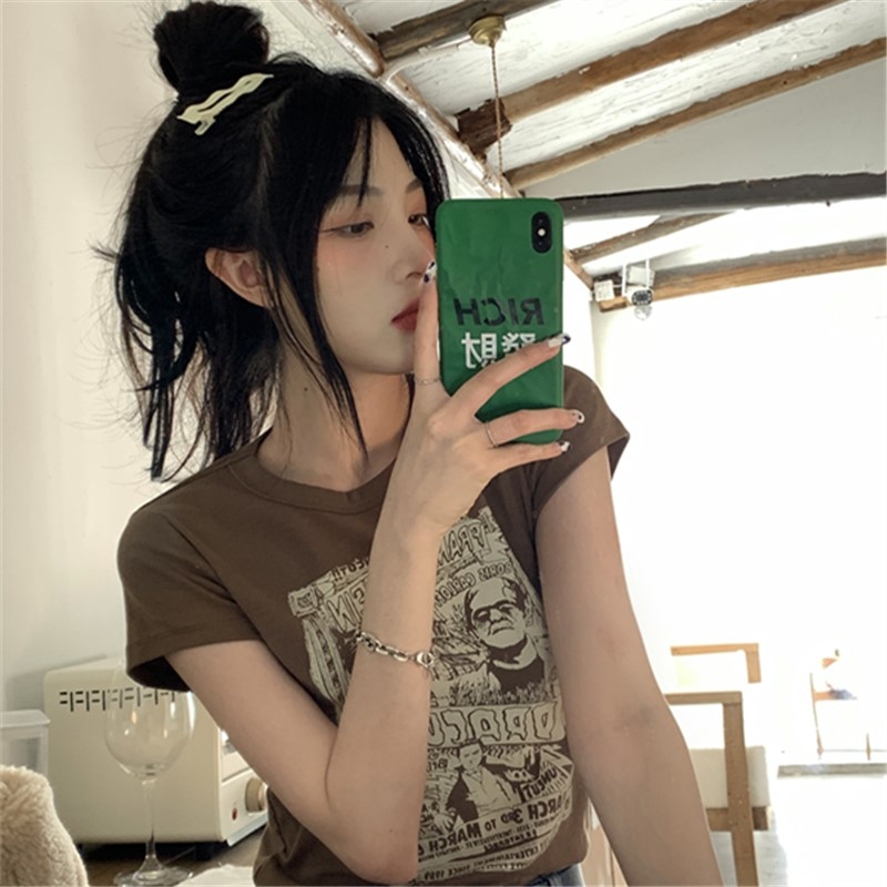 ZHELIHANGFEI Áo Thun Ngắn Tay Cổ Tròn In Họa Tiết Phong Cách Retro Mỹ